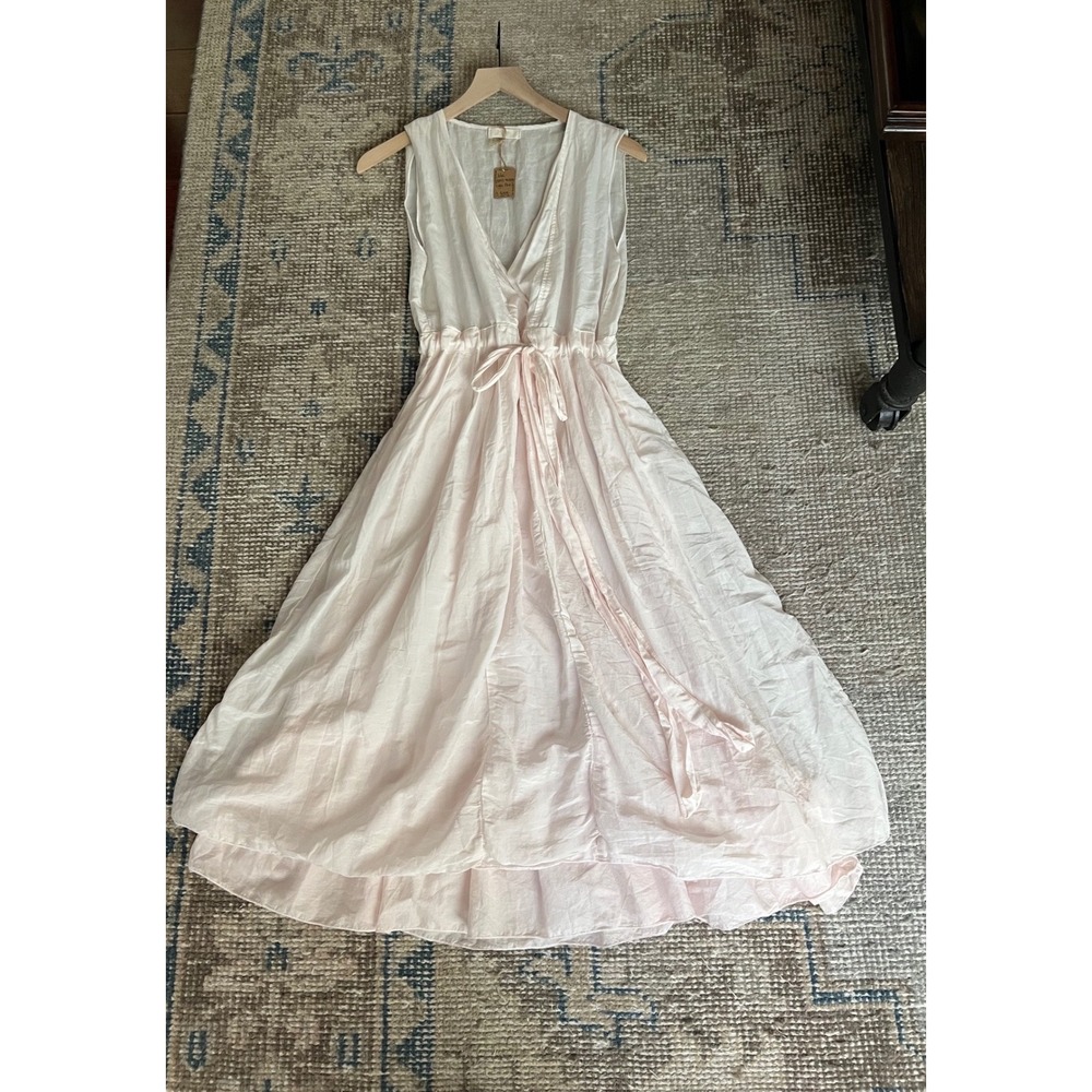 CP Shades Pale Pink Sleeveless Dress V 100% Cotton Lagenlook Minimalist Summer S